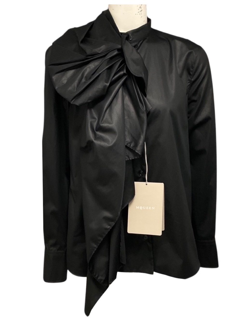 MCQUEEN BLACK RUFFLE BOW COTTON SHIRT